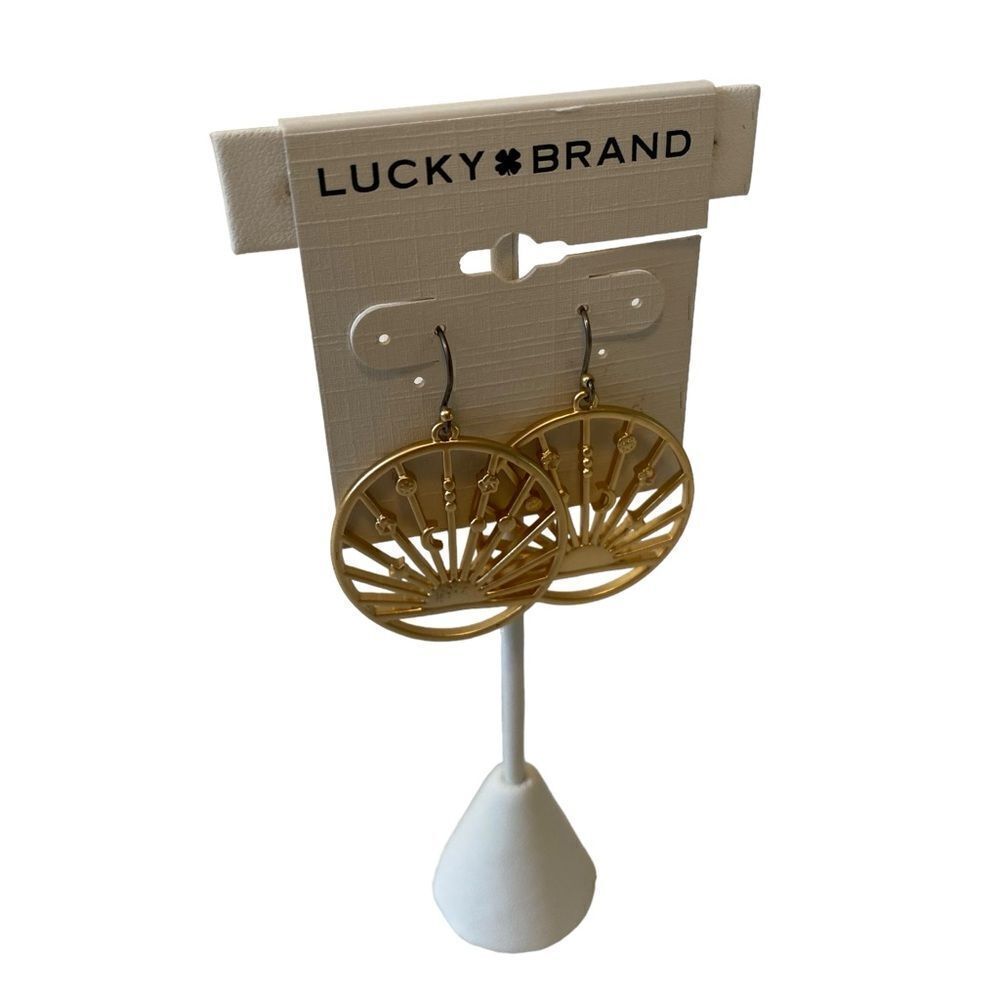 Matte Gold Toned Sun-Ray Circular Hoops. - Picture 2 of 5